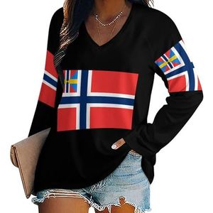 Noorse vlag dames casual T-shirts met lange mouwen V-hals bedrukte grafische blouses T-shirt tops XL