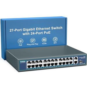 24-poorts Gigabit Ethernet PoE-switch met 2 uplink gigabit poorten & 1 SFP-poort, YuanLey Unmanaged 27 poorten PoE+ Network Switch, rackmud, ingebouwde 400W voeding, ondersteuning 802.3af/at