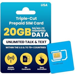H2O Wireless 30-dagen prepaid simkaart USA met 20 GB high-speed 4G LTE / 5G gegevens en 5 GB mobiele hotspot, onbeperkte gegevens, internationale gesprekken en sms, drievoudig gesneden Amerikaanse