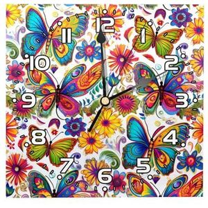 YTYVAGT Wandklok, klokken voor slaapkamer, werkt op batterijen, vlinder bloemen kleurrijke, vierkante stille klok 7,85 inch