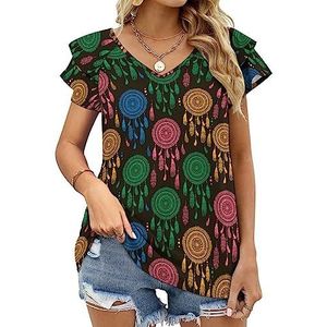 Kleur dromenvanger en veren dames casual tuniek tops ruches korte mouwen T-shirts V-hals blouse T-shirt