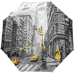 RXYY Vrouwen Taxi New York Olieverfschilderij Vouwen Auto Open Close Paraplu voor Vrouwen Mannen Jongens Meisjes Winddicht Compact Reizen Lichtgewicht Regen Paraplu