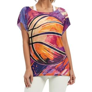 Paarse basketbalkunst dames korte vleermuismouwen shirt ronde hals T-shirts losse tops voor meisjes, Patroon, XXL