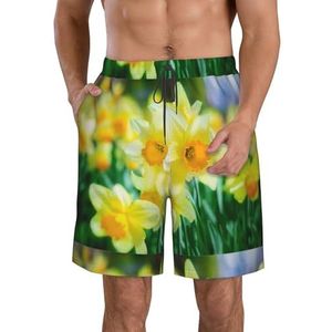PHTZEZFC Narcis bloemenprint strandshorts voor heren, zomervakantie, strandshorts, casual, lichtgewicht trekkoord, Wit, XL