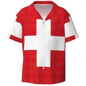 EdWal Zwitserse Vlag Print Heren Korte Mouw Button Down Shirts Casual Losse Fit Zomer Strand Shirts Heren Jurk Shirts, Zwart, XXL
