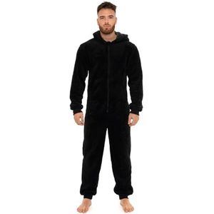 Style It Up Heren Zwarte Manchetten Rits Hooded 1Onesie Snuggle Fleece Pyjama Loungewear Een Stuk, Zwart, L/XL