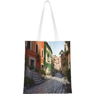 VTCTOASY Street of Italy Print Canvas Tote Bags Lichtgewicht Schoudertas Herbruikbare Boodschappentas Handtassen voor Vrouwen Mannen, Zwart, One Size, Zwart, One Size