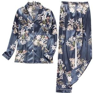 CSSHNL Satijnen Pyjama Set Lente Herfst Pyjama Vrouwen Zijde Satijn Pyjama Set Lange Mouw Shirt met Broek Nachtkleding Loungewear Vrouwelijke Pyjama Suits Dames Pyjama Set, LG Blauwe Bloem, S