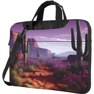 Paarse Amerikaanse Landschap Cactus Laptoptas voor Vrouwen Mannen 15,6 inch Computer Sleeve Zakelijke Reizen Aktetas Messenger Bag, Zwart, 14 inch
