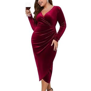 ZOMVA 2023 Plus Size Fluwelen Wrap Jurk Dames Kleding Ruches Bodycon Jurk Lange Mouwen Ruche Lange Elegante Party Bruiloft Gast Cocktail, Bordeaux rood, XXL Grote Maten
