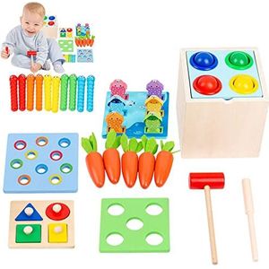 Houten magnetisch visspel 5-in-1 -speelgoed voor kinderen vanaf 3 jaar oud, magnetische puzzel en -speelgoed, objectpermanentiedoos, muntendoos, worteloogst, vangst worm,