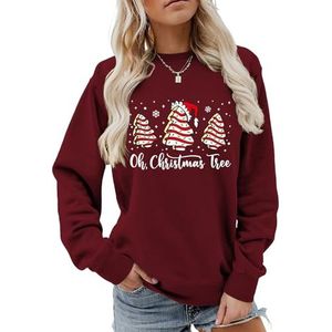 MLZHAN Oh Kerstboom Vrouwen Sweatshirt Leuke Kerstbomen Met Hoeden Sneeuw Print Merry Christmas Lange Mouw Sweatshirts, wijnrood, S