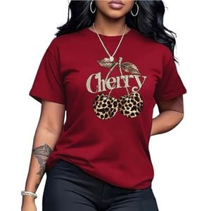 Dames T-shirt met luipaardkersenbloesem bedrukte korte mouwen ronde hals T-shirt top dames zomer kersen met luipaard grafische print T-shirts shirt tops pak van 2, Kastanjebruin, S