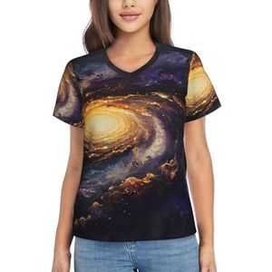 Galaxy Print Korte Mouw V-hals Tees Dames Tops Strand Vakantie Mode Casual Zomer Outfits, Zwart, S