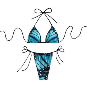 SuChengSS Women'S Bikinis Women Butterfly Print Halter String Micro Bikini Sets Two Pieces Swimsuit Swimwear Bathing Suit Beach Outfits-blue-s