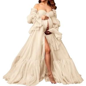 AHERKLL Gezwollen tule gewaad zwangerschapsjurk voor fotoshoot pure lange lingerie baby shower zwangerschap fotografie dressing ZM009, Champagne, 34