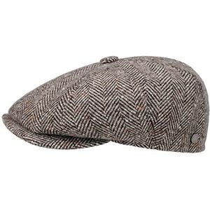 Lierys Visgraat Flatcap heren - Flatcap met voering - Made in Italy - Hatteras flatcap met wol en visgraatdessin - Cap herfst/winter - M (56-57 cm) donkerbeige