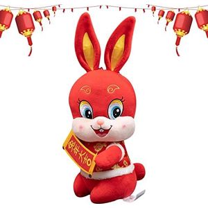 Rode konijn knuffel - Zachte Bunny pluche pop,Zacht konijn pluche pop, schattig groot oor konijn in Chinese stijl met couplet in de hand, nieuwjaarsgeschenken woondecoratie