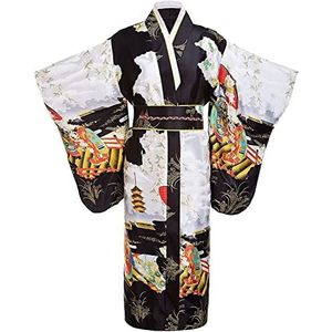HZSLING Japanse traditionele kimono voor dames met OBI-riem, zijden badjas, Yukata, anime, cosplay, kostuum, Zwart, one size