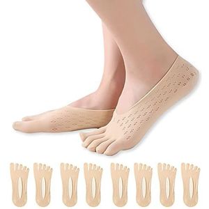 Feliciay 4 paar teensokken, vijf vinger-no-show-sokken, ademende sokken voor vrouwen, antislip, boot-low-cut-binnensokken, onzichtbare teengescheiden sokken met gellus, huidskleur, 34-39 EU