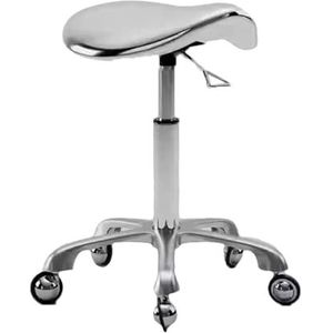JAVPTAV Zadelstoel, Zadel Bureaustoel Verstelbare Hoogte 45-60cm, Tandheelkundige Kunstenaar Zadel Rollende Kruk, Metalen Salon Zadelstoel met 360° Draaibare Zink Legering Wielen (Zilver)
