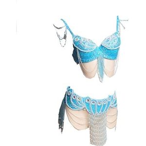 Blauw,L,PONNYC Buikdansjurken Met Kwastjes Voor Dames Glanzende Buikdanspakken 2 Delig Buikdanseres Kostuums Met Kralen Heuprok Met Pailletten En Bh Halloween Carnavalsoutfit