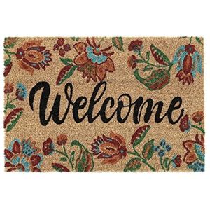 Relaxdays deurmat kokos, bloemen, Welcome-opschrift, 40x60 cm, antislip schoonloopmat voor binnen & buiten, kleurrijk