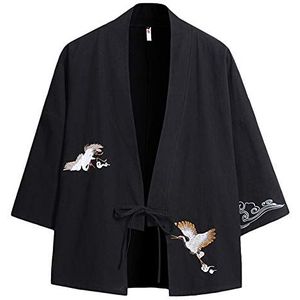 Kimono, mannen Japanse Chinese stijl lange mouwen Hanfu-vest jas met borduurwerk, Zwart, XL