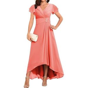 WSEYU Korte Mouw Moeder Van De Bruid Bruidegom Jurken Chiffon Kralen Formele Avond Grootmoeder Jurken Thee Lengte ZM203, Koraal, 32