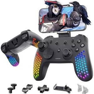 NiTHO Draadloze Controller voor PC/Switch/Android/iOS, Zeshoekige Designjoystick met Vibratie, 6-Assige Gyroscoop, RGB LED-Effecten, Gmaepad met Verstelbare Telefoonhouderklem