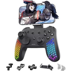 NiTHO Draadloze Controller voor PC/Switch/Android/iOS, Zeshoekige Designjoystick met Vibratie, 6-Assige Gyroscoop, RGB LED-Effecten, Gmaepad met Verstelbare Telefoonhouderklem