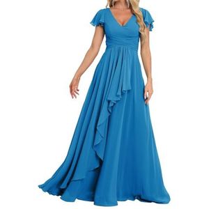 Prinses Bruidsmeisjes Jurken Flutter Mouw Galajurken Chiffon Formele Avondfeest Maxi Jurk met Split ZM189, Oceaan Blauw, 32