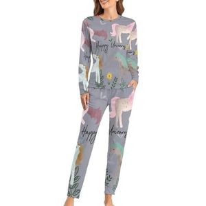 Eenhoorn Clipart Zachte Womens Pyjama Lange Mouwen Warm Fit Pyjama Loungewear Sets met Zakken XL