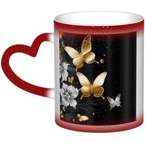 VTCTOASY Goud Wit Vlinders Zwarte Print Kleur Veranderende Koffie Mok Keramische Thee Cups Geïsoleerde Reizen Mok Cup Voor Mannen Vrouwen