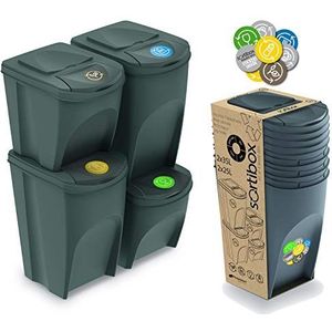 Prosperplast Sortibox Afvalbakken, set van 4 stuks, 2 x 35 liter en 2 x 25 liter, van plastic, grijs, recyclingcontainer, 1 maat, verschillende kleuren