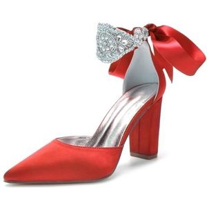 HFWXYSA Dames Puntige Neus Bruids Pumps Chunky Blok Hoge Hakken Jurk Feest Trouwschoenen Strass Enkelbandje Hof Schoenen,Rood,40 EU