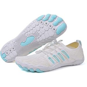 Orgonite Unisex blotevoetenschoenen voor dames en heren, sneldrogende trailschoenen, ademend, fitnessschoenen, zacht, licht, badschoenen met antislipzool en brede teenbox, A20 Wit Blauw, 37 EU