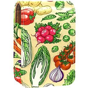 Draagbare Lipstick Case voor op reis,Mini Lipstick Opbergdoos met spiegel voor vrouwen dames, Lederen Cosmetische Pouch Plantaardige Wortel Tomaat, Meerkleurig, 9.5x2x7 cm/3.7x0.8x2.7 in