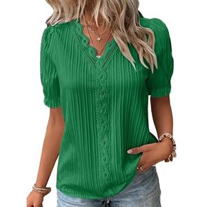 V Neck Plain Lace Elegant Shirt, Lace Deep V Neck Casual Tops for Women, Women's Casual Short Sleeve Shirts (L,Dark Green)
