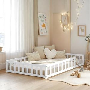 Homestyle4u Montessori Vloerbed, 120 x 200 cm, wit, met valbeveiliging, houten bed met lattenbodem
