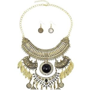 Retro Gouden Munt Blad Kwastje Ketting Oorbellen Gypsy Afghaans Pakistan Etnisch Kostuum Maan Choker Collares Statement Sieraden Set (Color : Vintage gold)