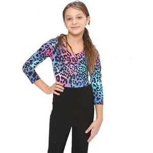 WickedFun CRAZY CHICK MEISJES KIDS NIEUWE LEOPARD LEOPARD LEGER PRINT LANGE MOUWEN STRETCH MICROVEZEL DANS GYMNASTIC LEOTARD BODYSUIT TOP, Multi luipaard, 5-6 jaar