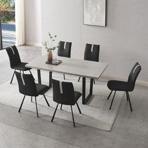 Jiexi Eettafelset, voor 4-6 personen, klassieke tafel met hoge hardheid, ruimtebesparend, rechthoekig, metalen frame, voor thuis, tafel en 6 zwarte stoelen