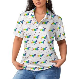 Regenboog Daschund dames poloshirts met korte mouwen casual T-shirts met kraag golfshirts sport blouses tops L