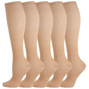 5 paar compressiekousen, kniekousen, steunkousen, loopsokken voor dames en heren, sport, hardlopen, vlucht, reizen, zwangerschap, medische compressiesokken, bruin, S/M