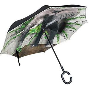 Jeansame Paraplu Reverse Paraplu's Omgekeerde Paraplu Leuke Olifant Dier Vintage Dubbellaags Zon Regen Winddicht Paraplu met C-vormige Handvat voor Auto Gebruik Mannen Vrouwen