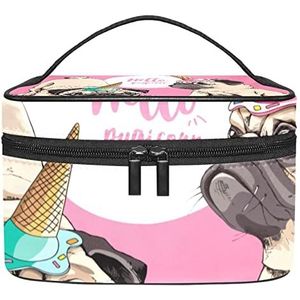 Roze Pugicorn Hallo Hond Make-up Organizer Bag, Reizen Make-up Tas Organizer Case Draagbare Cosmetische Tas voor Vrouwen en Meisjes Toiletartikelen, Meerkleurig, 22.5x15x13.8cm/8.9x5.9x5.4in
