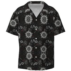 YJxoZH Bovennatuurlijke Symbolen Zwarte Print Heren Jurk Shirts Casual Button Down Korte Mouw Zomer Strand Shirt Vakantie Shirts, Zwart, 4XL