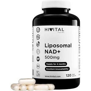 NAD+ Liposomaal 500 mg. 120 veganistische capsules voor 4 maanden. Liposomaal Nicotinamide Adenine Dinucleotide voor maximale opname. Antiveroudering die celherstel en een lang leven ondersteunt