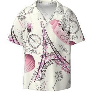 TyEdee Paris Eiffeltoren bloemenprint heren korte mouwen overhemden met zak casual button down overhemden business overhemd, Zwart, XXL